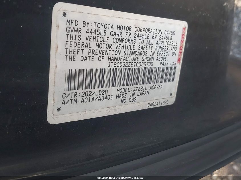 1996 Lexus Sc 300 VIN: JT8CD32Z6T0036700 Lot: 43814694