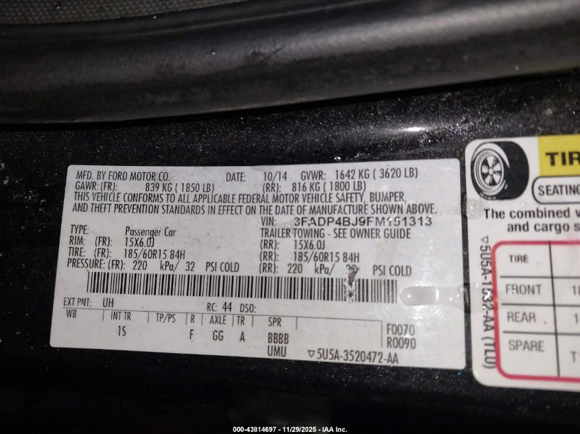 2015 Ford Fiesta Se VIN: 3FADP4BJ9FM151313 Lot: 43814697