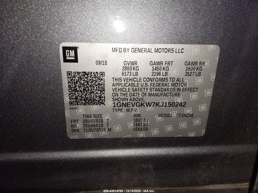 2019 Chevrolet Traverse 1Lt VIN: 1GNEVGKW7KJ150242 Lot: 43814700