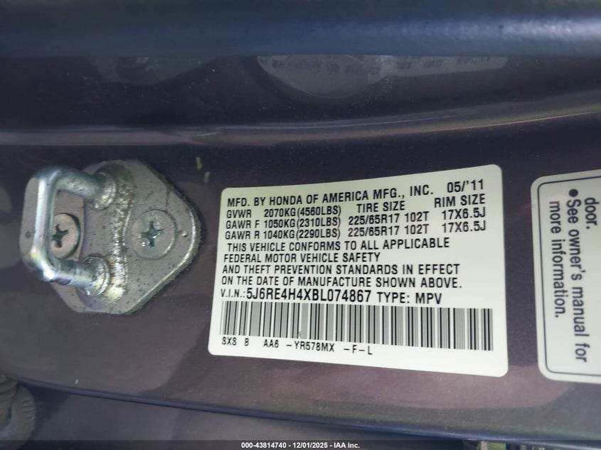 5J6RE4H4XBL074867 2011 HONDA CR-V photo no. 9