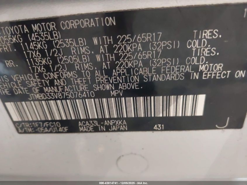 2007 Toyota Rav4 VIN: JTMBD33V875076410 Lot: 43814741