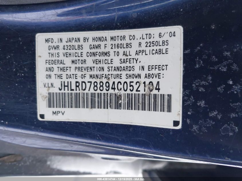 2004 Honda Cr-V Ex VIN: JHLRD78894C052104 Lot: 43814744