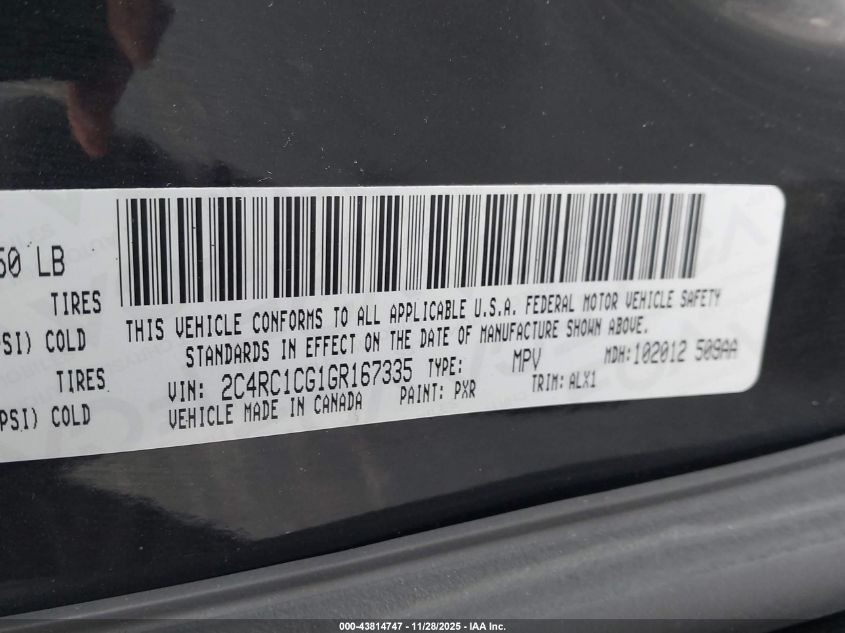 2016 Chrysler Town & Country Touring-L Anniversary Edition VIN: 2C4RC1CG1GR167335 Lot: 43814747