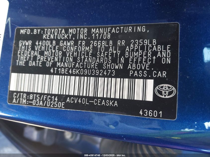 2009 Toyota Camry Se VIN: 4T1BE46K09U392473 Lot: 43814748