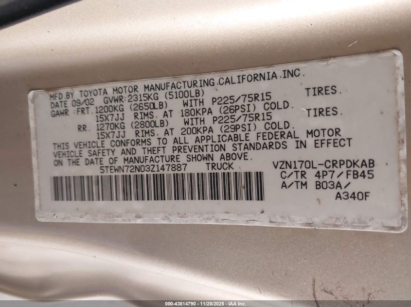 2003 Toyota Tacoma Base V6 VIN: 5TEWN72N03Z147887 Lot: 43814790