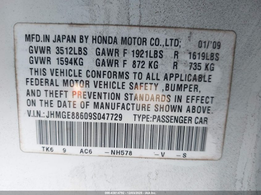 2009 Honda Fit Sport VIN: JHMGE88609S047729 Lot: 43814792