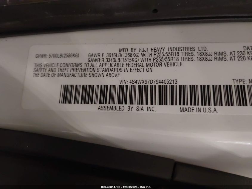 2009 Subaru Tribeca Limited 7-Passenger VIN: 4S4WX97D794405213 Lot: 43814798