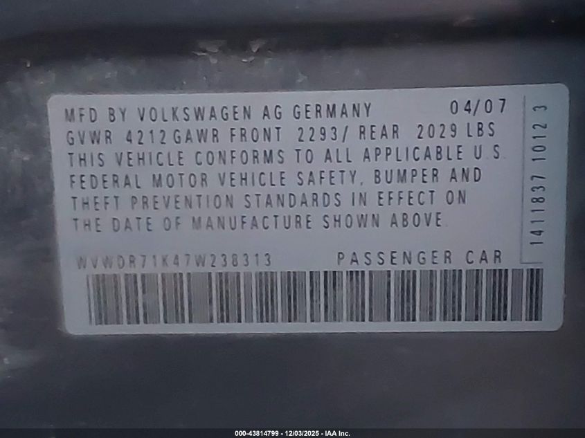 2007 Volkswagen Rabbit 4-Door VIN: WVWDR71K47W238313 Lot: 43814799