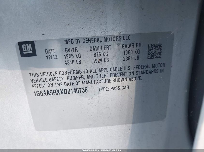 2013 Cadillac Ats Standard VIN: 1G6AA5RXXD0146736 Lot: 43814801