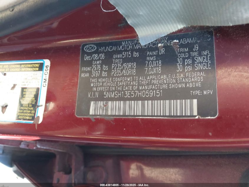 2007 Hyundai Santa Fe Limited/Se VIN: 5NMSH13E57H059151 Lot: 43814805