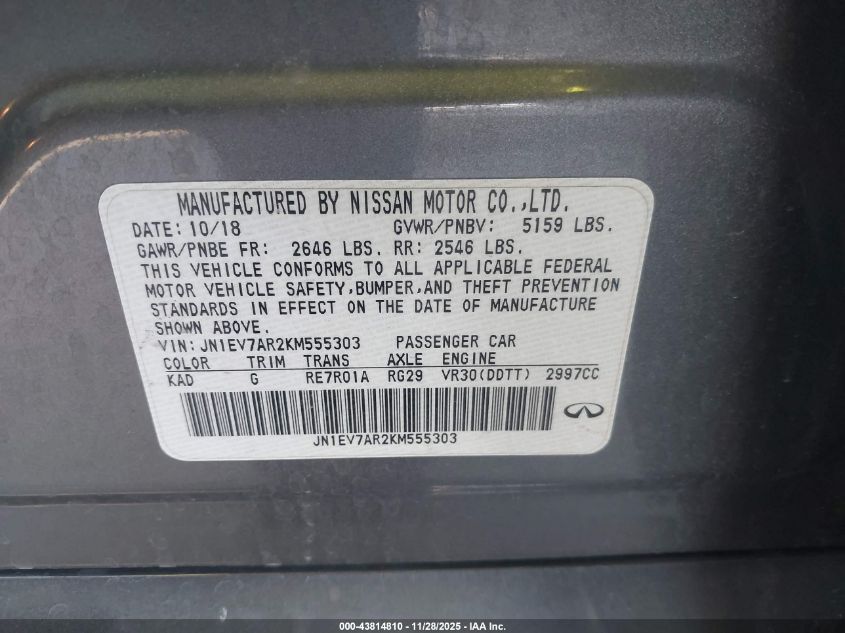 2019 Infiniti Q50 3.0T Luxe VIN: JN1EV7AR2KM555303 Lot: 43814810