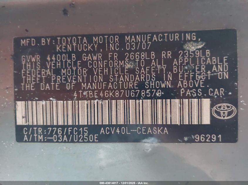 2007 Toyota Camry Se VIN: 4T1BE46K87U678570 Lot: 43814817