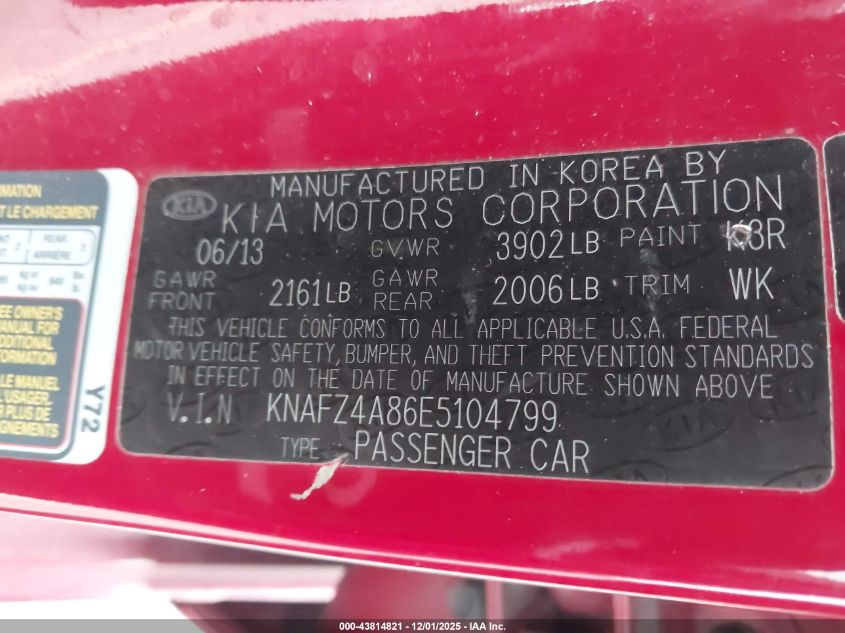 2014 Kia Forte Ex VIN: KNAFZ4A86E5104799 Lot: 43814821