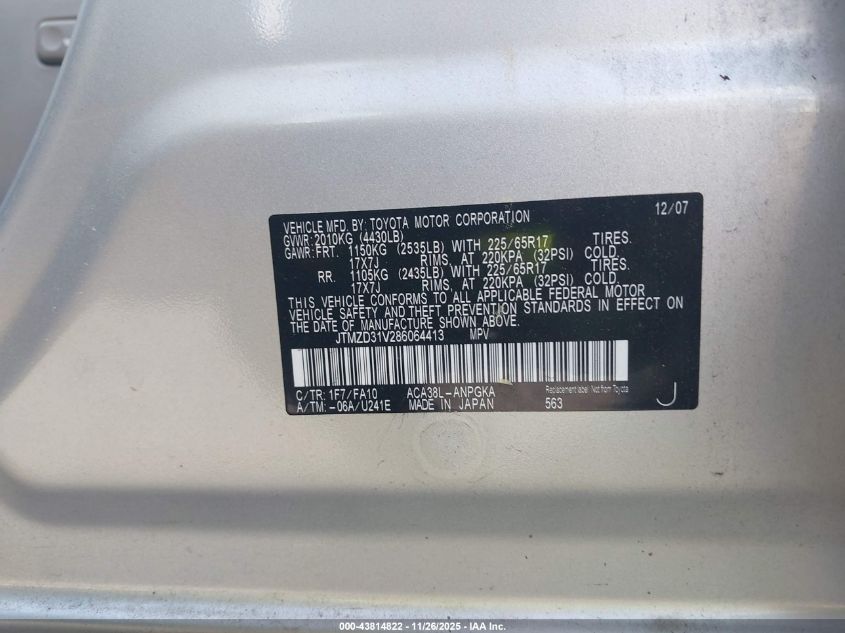 2008 Toyota Rav4 Limited VIN: JTMZD31V286064413 Lot: 43814822