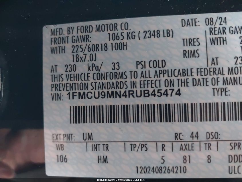 2024 Ford Escape St-Line VIN: 1FMCU9MN4RUB45474 Lot: 43814829