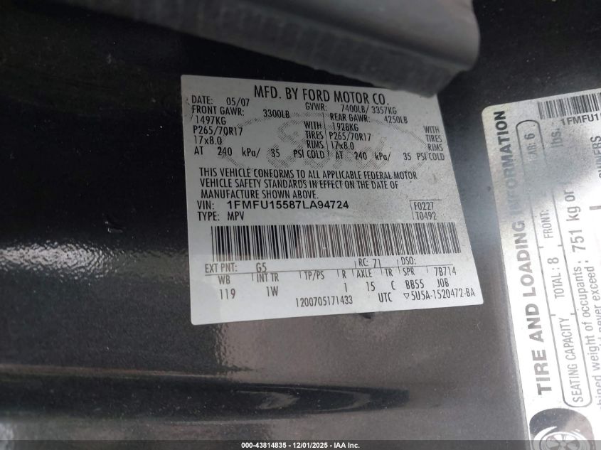 2007 Ford Expedition Xlt VIN: 1FMFU15587LA94724 Lot: 43814835