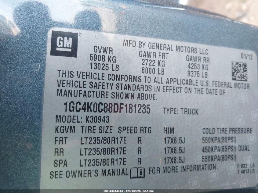 2013 Chevrolet Silverado 3500Hd Lt VIN: 1GC4K0C88DF181235 Lot: 43814843