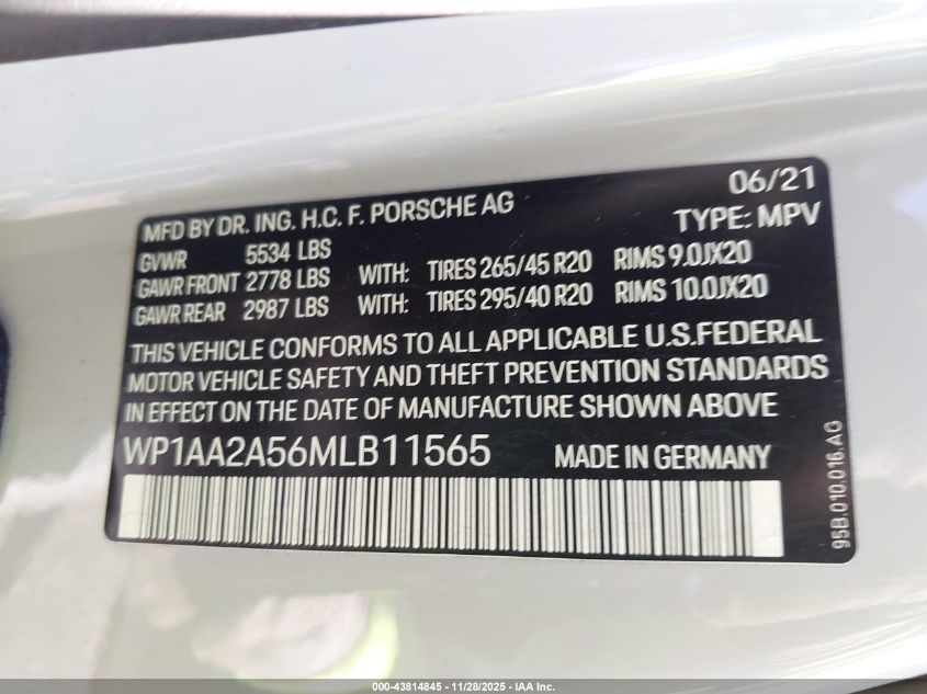 2021 Porsche Macan VIN: WP1AA2A56MLB11565 Lot: 43814845