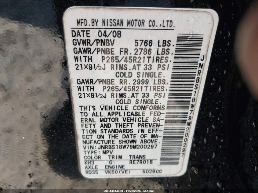 2009 Infiniti Fx50 VIN: JNRBS18W79M200297 Lot: 43814850