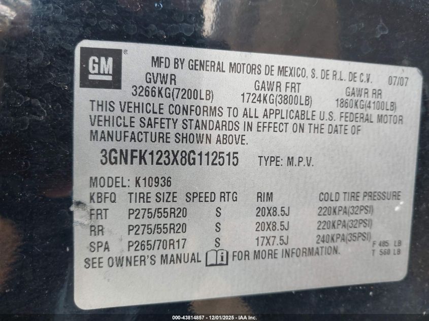 2008 Chevrolet Avalanche 1500 Lt VIN: 3GNFK123X8G112515 Lot: 43814857