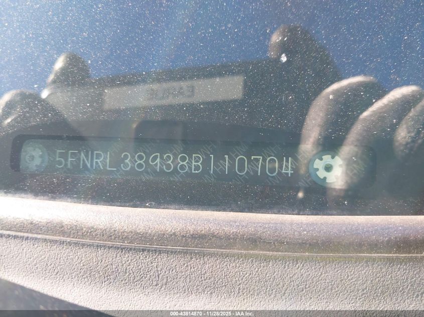 2008 Honda Odyssey Touring VIN: 5FNRL38938B110704 Lot: 43814870