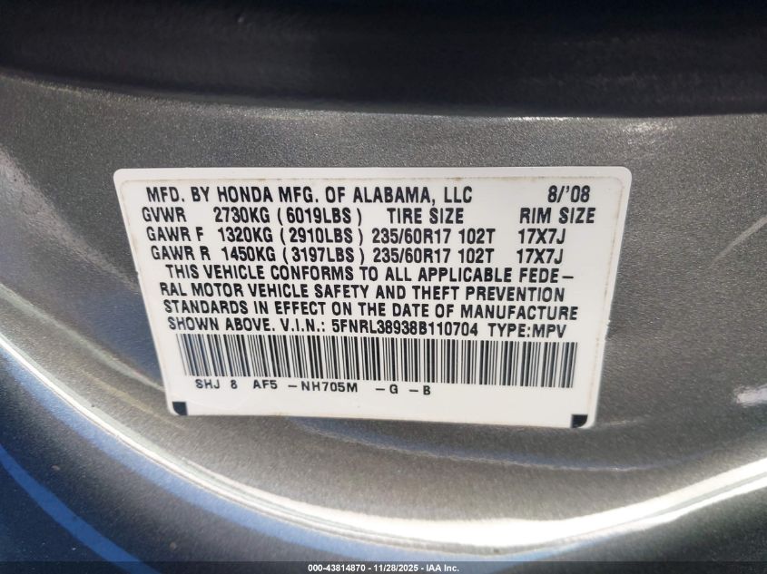 2008 Honda Odyssey Touring VIN: 5FNRL38938B110704 Lot: 43814870