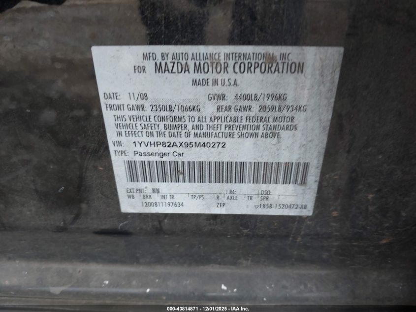 2009 Mazda Mazda6 I Grand Touring VIN: 1YVHP82AX95M40272 Lot: 43814871