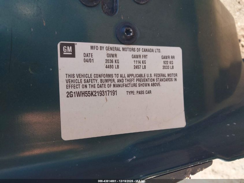 2001 Chevrolet Impala Ls VIN: 2G1WH55K219317191 Lot: 43814881