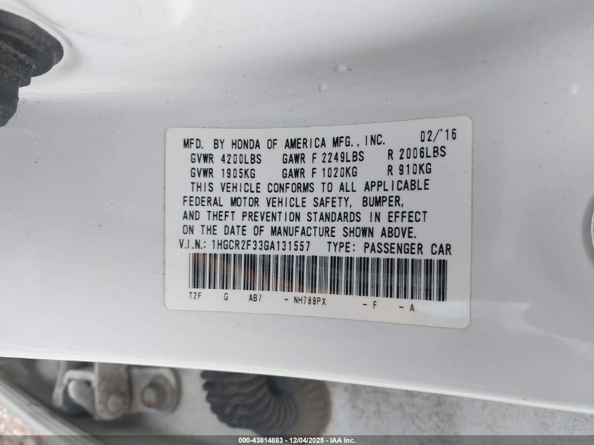 2016 Honda Accord Lx VIN: 1HGCR2F33GA131557 Lot: 43814883