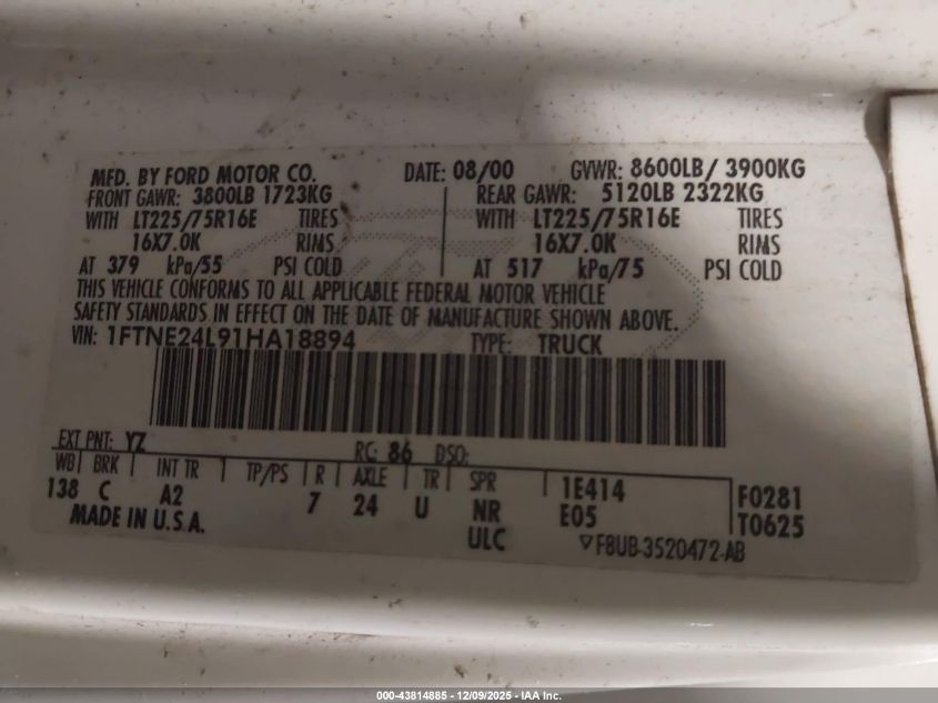 2001 Ford E-250 Commercial/Recreational VIN: 1FTNE24L91HA18894 Lot: 43814885