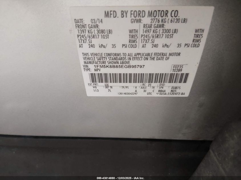 2014 Ford Explorer VIN: 1FM5K8B85EGB95797 Lot: 43814888