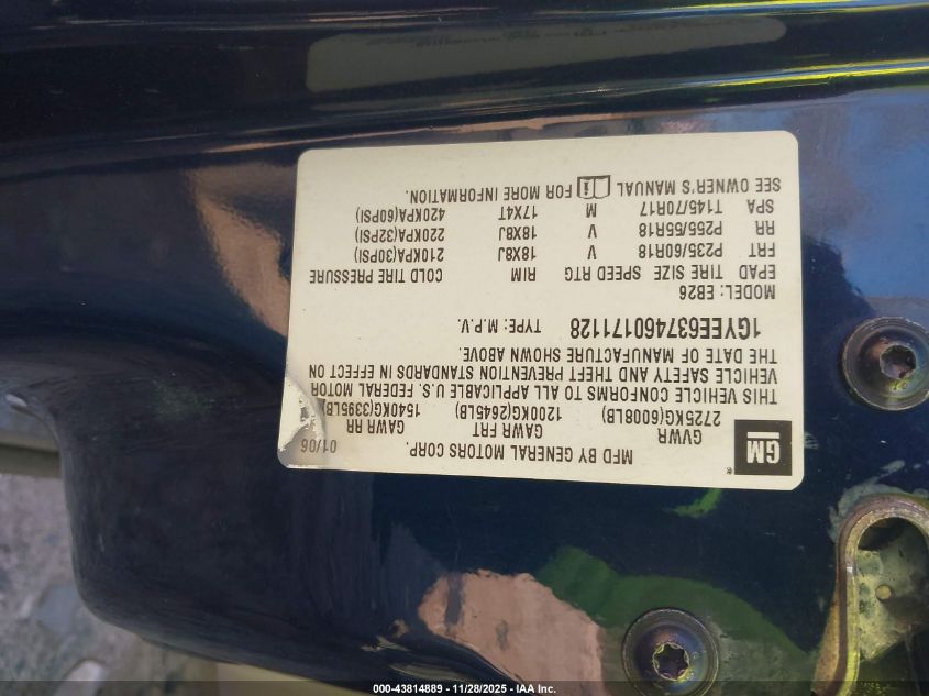 2006 Cadillac Srx V6 VIN: 1GYEE637460171128 Lot: 43814889