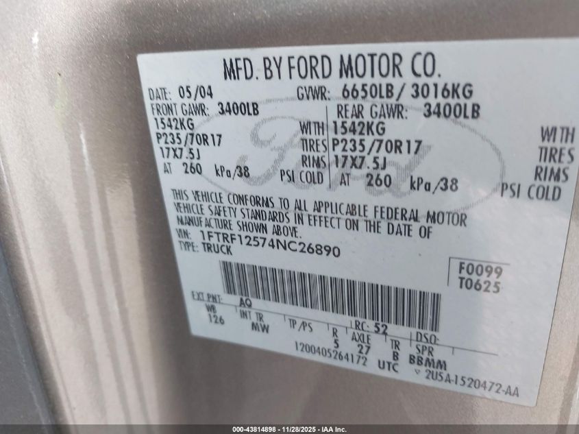 2004 Ford F-150 Xl/Xlt VIN: 1FTRF12574NC26890 Lot: 43814898