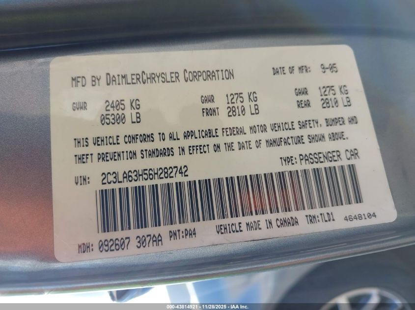 2006 Chrysler 300C VIN: 2C3LA63H56H282742 Lot: 43814921