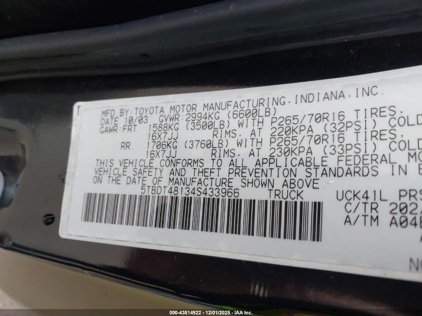 2004 Toyota Tundra Limited V8 VIN: 5TBDT48134S433966 Lot: 43814922