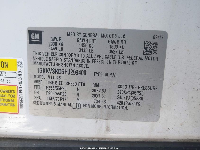 2017 GMC Acadia Limited VIN: 1GKKVSKD6HJ200400 Lot: 43814926