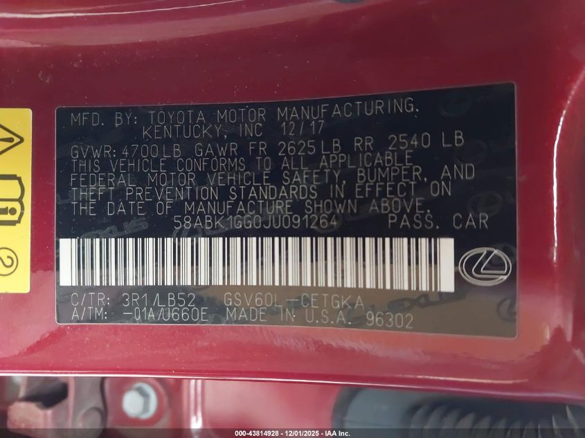 2018 Lexus Es 350 VIN: 58ABK1GG0JU091264 Lot: 43814928