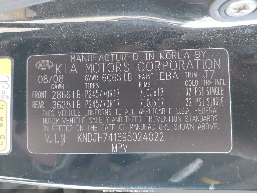 KNDJH741695024022 2009 KIA MOHAVE (BORREGO) photo no. 9