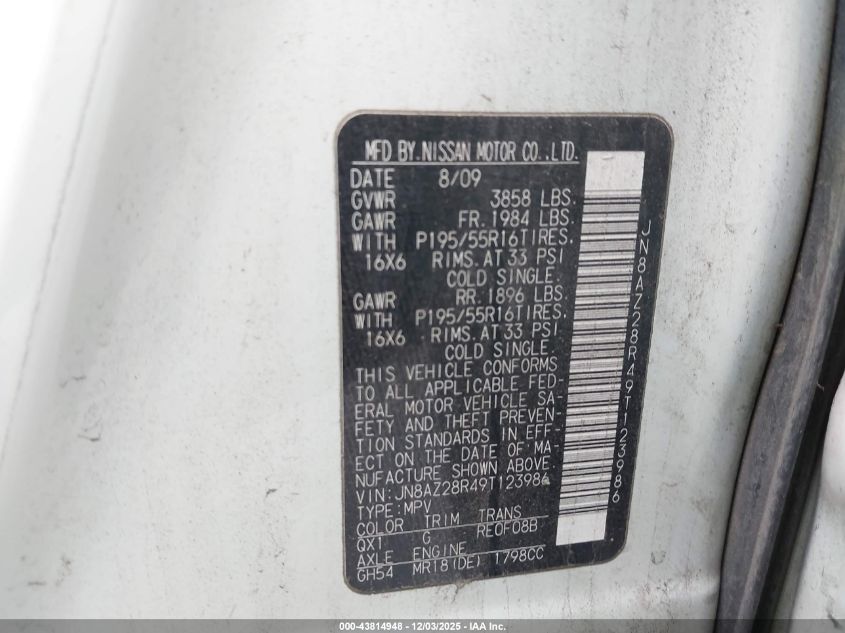 2009 Nissan Cube 1.8Sl VIN: JN8AZ28R49T123986 Lot: 43814948