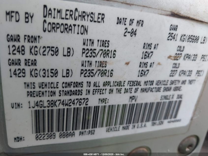 2004 Jeep Liberty Renegade VIN: 1J4GL38K74W247672 Lot: 43814971