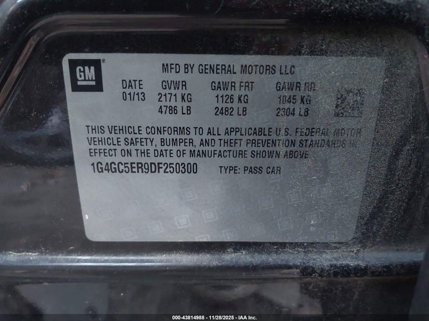 2013 Buick Lacrosse Leather Group VIN: 1G4GC5ER9DF250300 Lot: 43814988