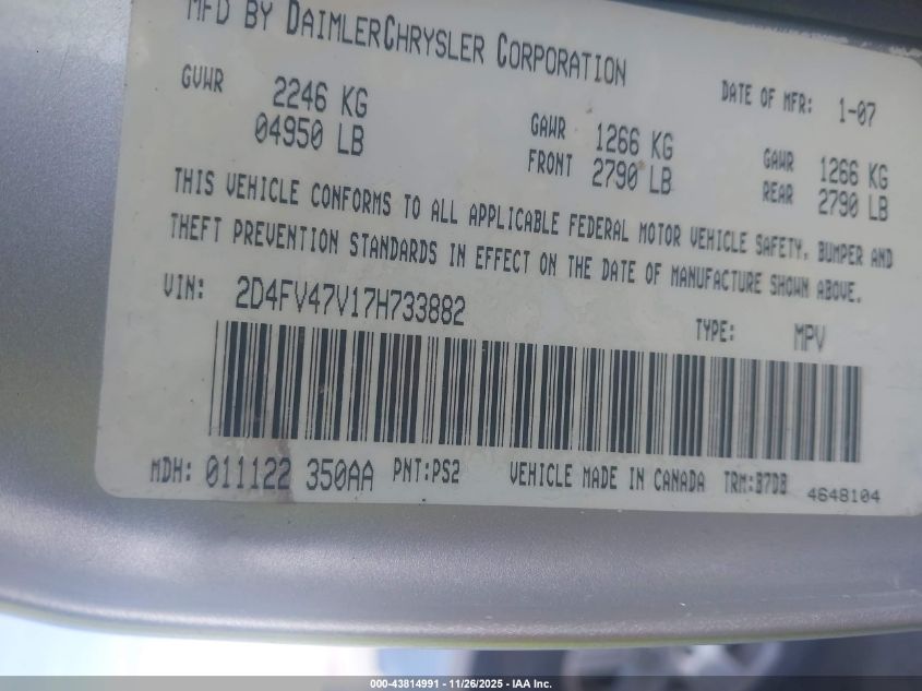 2007 Dodge Magnum VIN: 2D4FV47V17H733882 Lot: 43814991