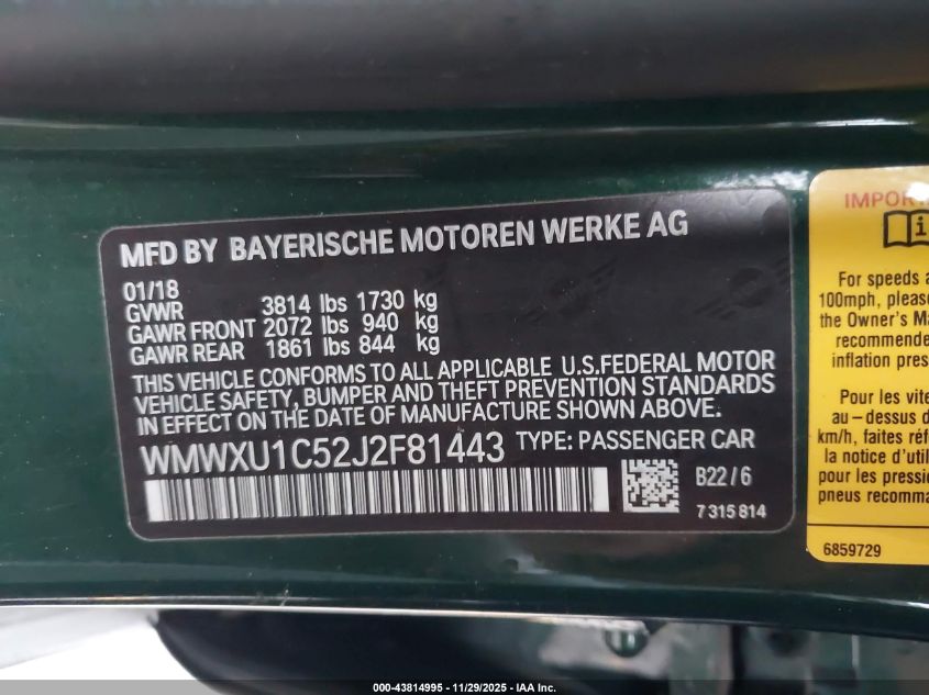 2018 Mini Hardtop Cooper VIN: WMWXU1C52J2F81443 Lot: 43814995