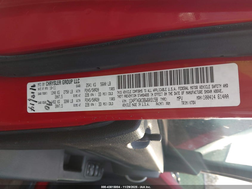 2011 Dodge Nitro Heat VIN: 1D4PT4GK3BW603158 Lot: 43815004