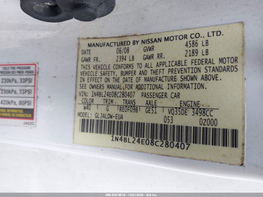 2008 Nissan Altima 3.5 Se VIN: 1N4BL24E08C280407 Lot: 43815015