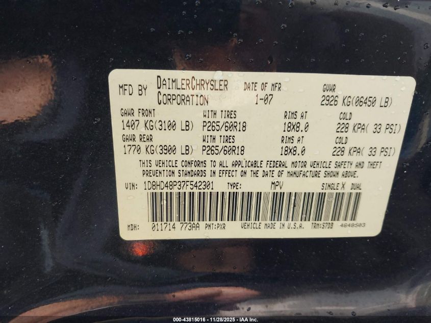 2007 Dodge Durango Slt VIN: 1D8HD48P37F542301 Lot: 43815016