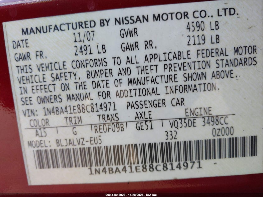 2008 Nissan Maxima 3.5 Se VIN: 1N4BA41E88C814971 Lot: 43815023