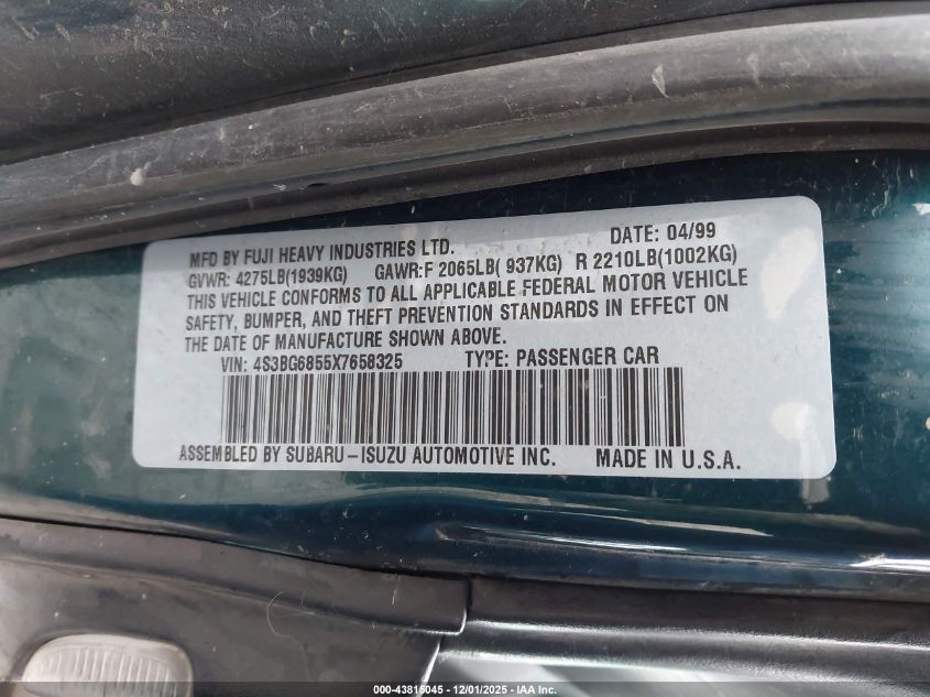 1999 Subaru Legacy 30Th Ann. Outback Ltd./Outback VIN: 4S3BG6855X7658325 Lot: 43815045