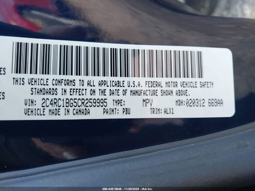 2012 Chrysler Town & Country Touring VIN: 2C4RC1BG5CR259995 Lot: 43815046