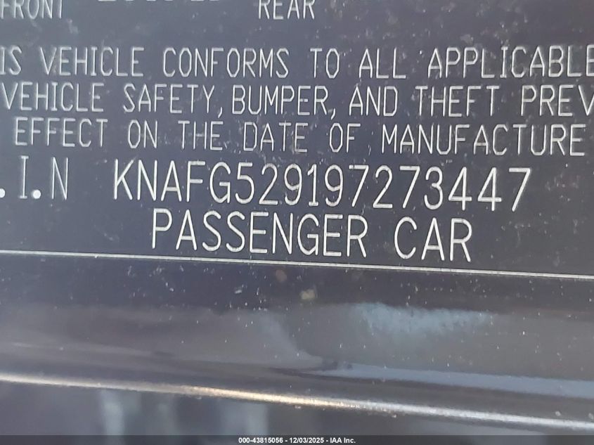 2009 Kia Rondo Lx VIN: KNAFG529197273447 Lot: 43815056